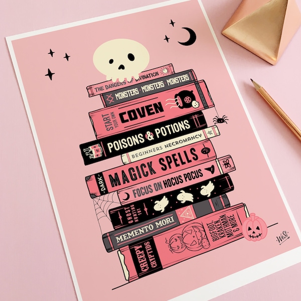 Witch Spell Book Art Print, Pink Witchy Gift and Pastel Goth Wall Art for Gothic Home Decor