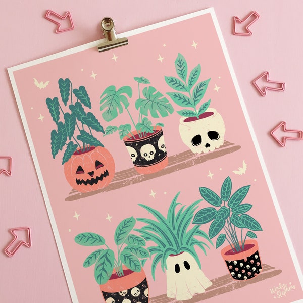 Láminas de arte de macetas espeluznantes, plantas de interior, decoración gótica del hogar, arte mural gótico pastel