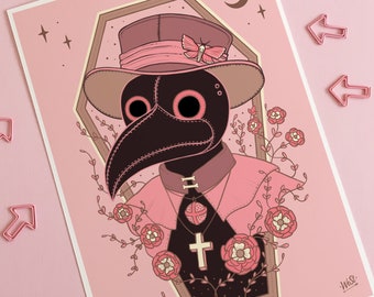 Plague Doctor Pastel Goth Decor Art Print, gothic home decor, spooky halloween,