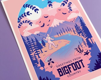 Visit Bigfoot Country Art Print, travel poster, sasquatch posters, cryptid monsters,