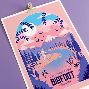 Visitez Bigfoot Country Art Print, affiche de voyage, affiches de sasquatch, monstres cryptés,