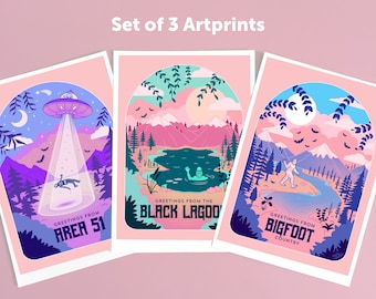 Set of 3 Cryptid Travel Poster Art Prints, alien, bigfoot, creature black lagoon