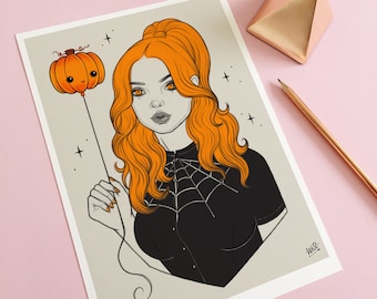 Halloween Print, Girl with Pumpkin Balloon, spooky gothic home decor
