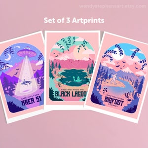 Set van 3 Cryptid-reisposterkunstprints, alien, bigfoot, creature black lagoon