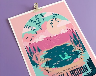 Póster de viaje de Criatura de la Laguna Negra, lámina vintage de monstruos y arte de películas de terror.