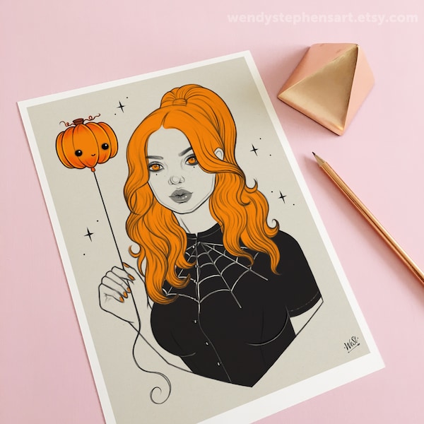 Halloween Print, Girl with Pumpkin Balloon, spooky gothic home decor