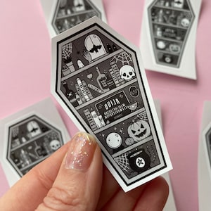 Spooky Coffin Shelf Black Sticker, Gothic Witch Occult Stickers