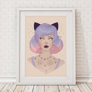 May include: A digital illustration of a woman with purple and pink hair wearing cat ears and a necklace with stars. She has a nose ring and dark lipstick. She is wearing a blue tank top with cat paw prints and a cat face tattoo on her chest.