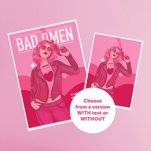 Puede incluir: Una ilustraci&oacute;n rosa y roja de una mujer con cabello rosa que lleva una chaqueta de cuero rosa y roja, una camisa a rayas rosa y blanca y pantalones vaqueros rosas. El texto "BAD MEN" est&aacute; en la parte superior de la imagen. El texto "no such thing as" est&aacute; en la parte inferior de la imagen.