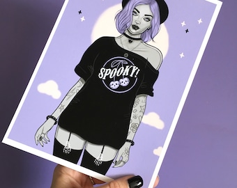 Pastel gotische muur decor, griezelig T-shirt Goth Girl Art Print, esthetische kamerinrichting