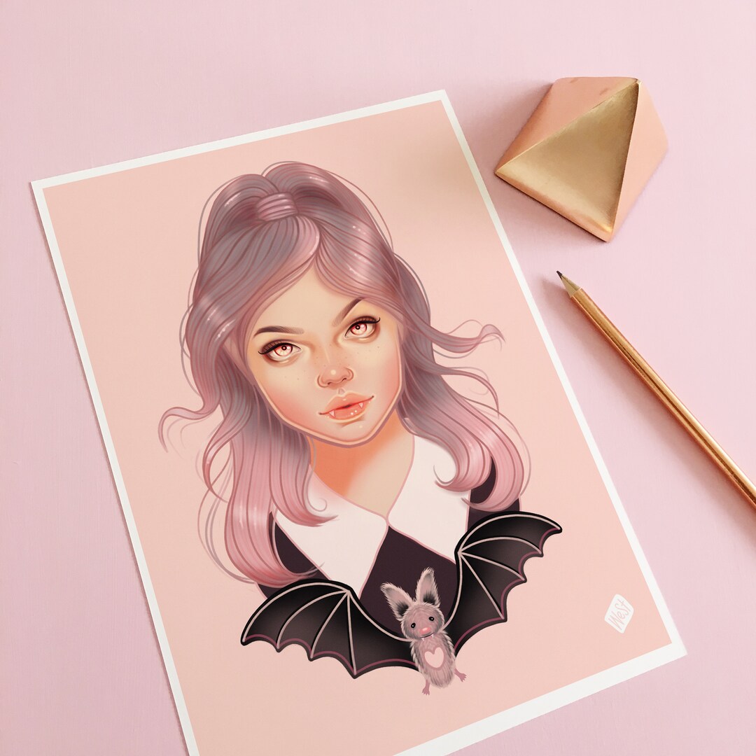 Vampire Girl With Bat Art Print, Aesthetic Room Decor, Etsy