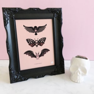 May include: A framed print with a pink background featuring three black and white illustrations of a bat, a moth, and a bird. The text "My Spooky Animals" is at the bottom of the print. The frame is black and ornate. A white skull planter with a small succulent plant is in the foreground.