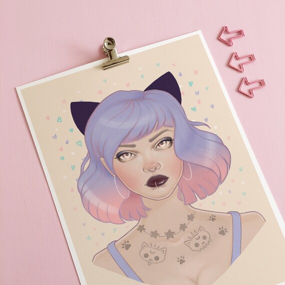 Pastel Goth Decor, Cat Paw Tattoo Pinup Girl, Gothic Art Print