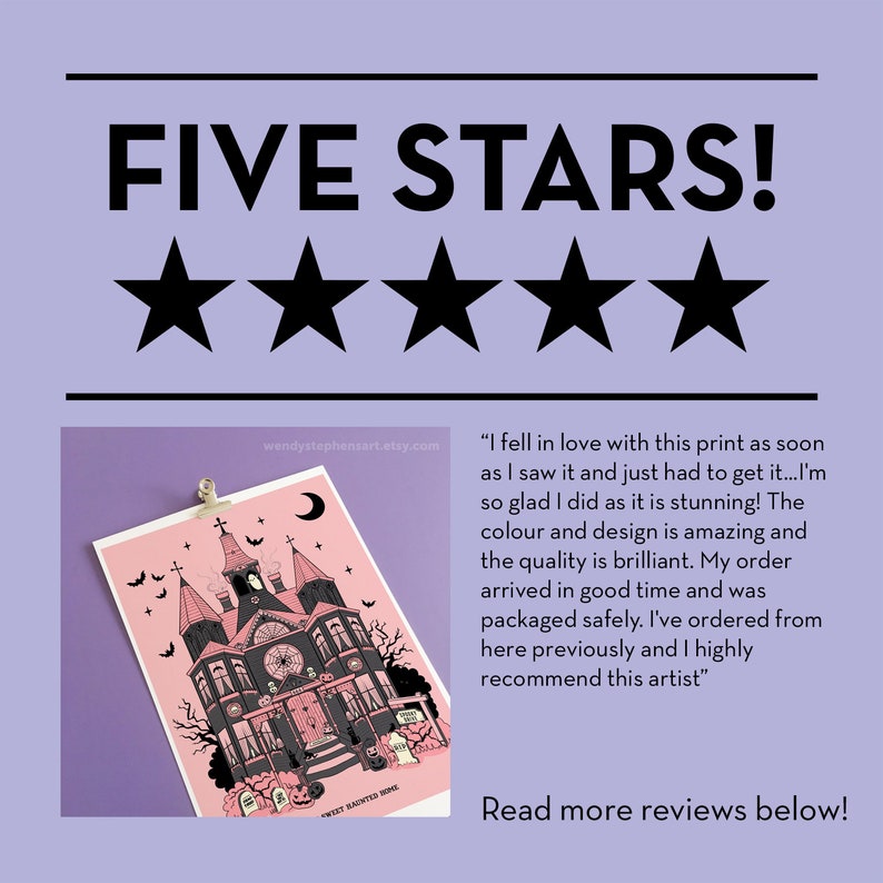 May include: Five stars review with a pink and black illustration of a haunted house with a clock tower and bats flying around it. The text "Sweet Haunted Home" is at the bottom of the image.