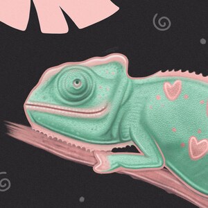 May include: A green chameleon with pink hearts on its back, perched on a pink branch against a black background.