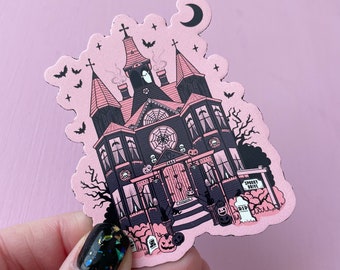 Pink Haunted House Fridge Magnet, Spooky Gothic Kitchen Decor and Halloween Refrigerator Magnet