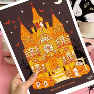 Pink Haunted House Print, Gothic Home Decor and Spooky House Illustration, Halloween Wall Art image 10
