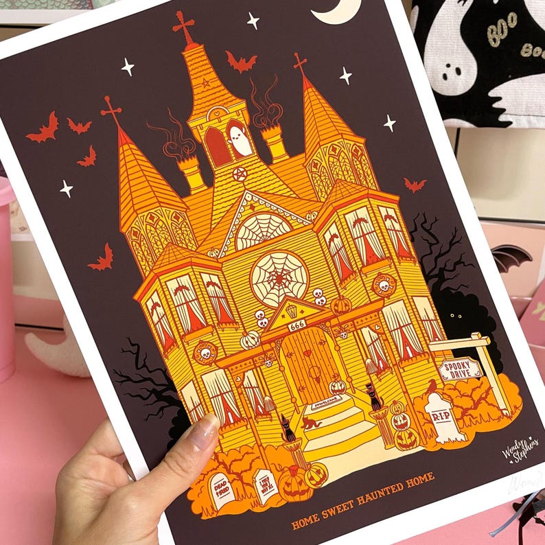 Pink Haunted House Print, Gothic Home Decor and Spooky House Illustration, Halloween Wall Art image 10