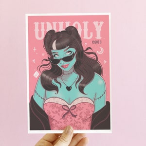 Unholy Zombie Girl Art Print, rockabilly style monster girl, horror room decor, gothic home decor,