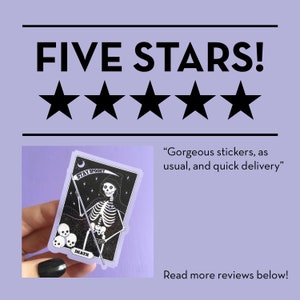 May include: Five star review for a sticker featuring a skeleton in a hooded robe holding a scythe with the text "Stay Spooky" and "Death" on the sticker. The review reads "Gorgeous stickers, as usual, and quick delivery."