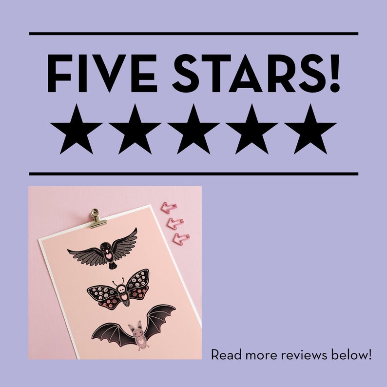 May include: A pink print with black illustrations of a bat, butterfly, and bird. The print is on a pink background and has a silver clip at the top. The text "FIVE STARS!" is above the print, with five black stars.