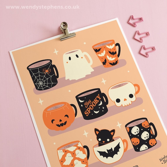 Spooky Coffee Mugs Art Print, gothic home decor, spooky ghost bat pumpkin skull