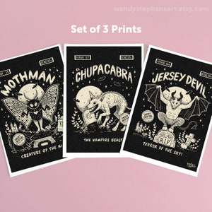 Set of 3 Cryptid Art Prints, Mothman, Chupacabra, Jersey Devil cryptid poster, horror prints, horror decor, cryptozoology