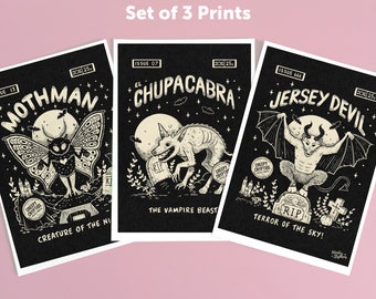Set of 3 Cryptid Art Prints, Mothman, Chupacabra, Jersey Devil cryptid poster, horror prints, horror decor, cryptozoology
