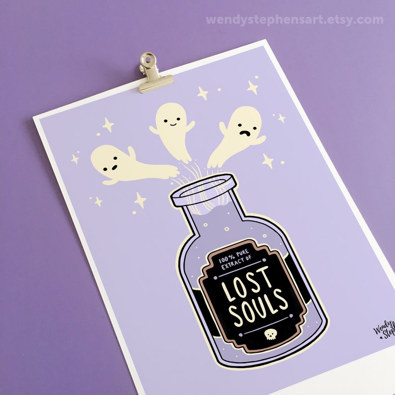 May include: A purple background with three white ghosts flying into a glass bottle with a black label that reads "100% Pure Extract of Lost Souls".