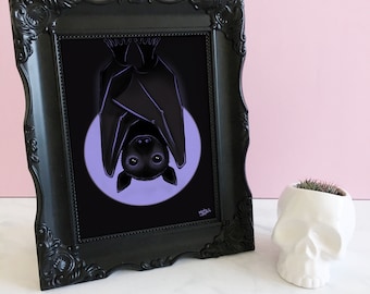 Gothic Home Decor, Cute Black Bat Art Print, spooky dark art decor,