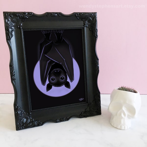 Gothic Home Decor, Cute Black Bat Art Print, spooky dark art decor,