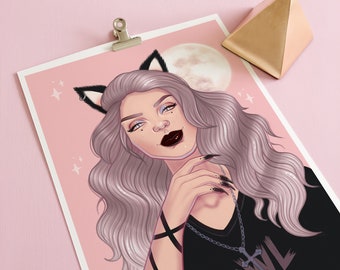 Werewolf Monster Girl Art Print, Pastel Goth Decor, Aesthetic Wall Art Print