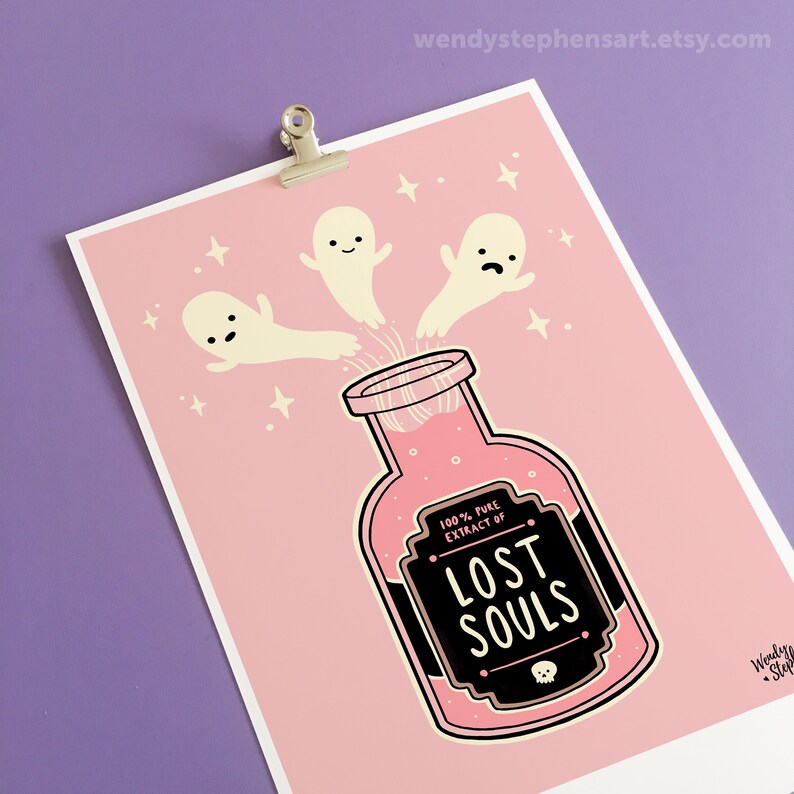 May include: Pink and white illustration of three ghosts flying into a glass bottle filled with pink liquid. The bottle has a black label that reads "100% Pure Extract of Lost Souls".