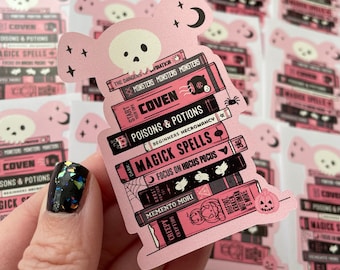 Spooky Gothic Spell Books Pink Sticker, gothic planner, witchy stickers, occult stickers