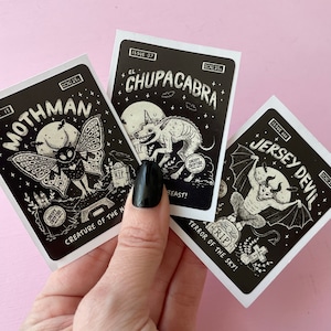 Cryptid-stickerset, Mothman, Chupacabra, Jersey Devil, heksenstickerset, gotische stickers, spookachtige stickers,