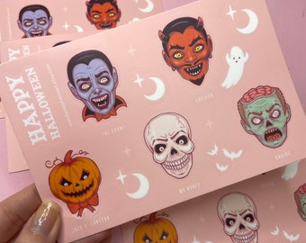 Vintage Halloween Mask Sticker Sheet, spooky gothic planner stickers, vampire, skull, devil, zombie