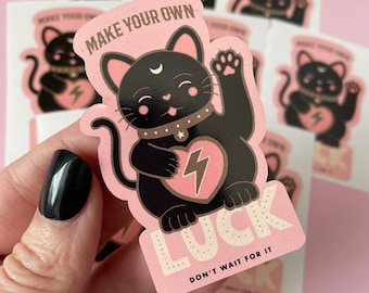 Lucky Fortune Cat Sticker, Black Cat Gift, Spooky Gothic Kawaii Vinyl Decal