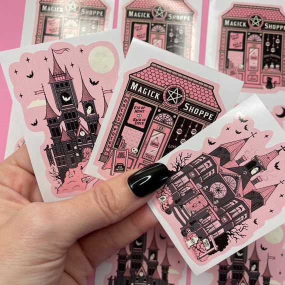 Haunted House Sticker Set, Spooky Pink Gothic Stickers