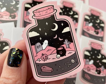 Spooky Graveyard Terrarium Pink Sticker, ghost gothic stickers