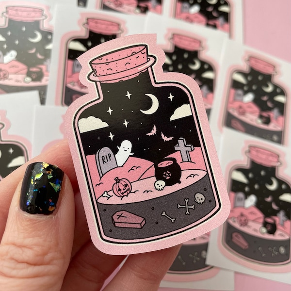 Spooky Graveyard Terrarium Pink Sticker, ghost gothic stickers