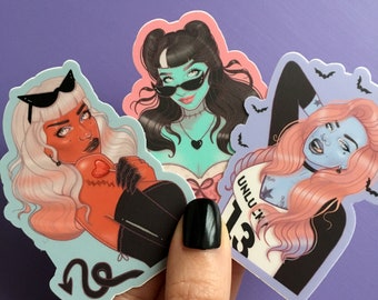 Monster Girl Stickers, Pastel Goth Aesthetic Horror Vinyl Stickers, witch stickers, feminist sticker