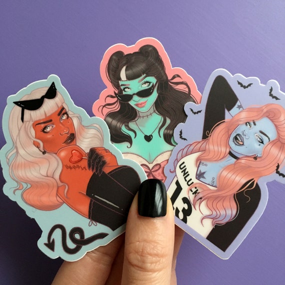 Monster Girl Stickers, Pastel Goth Horror Vinyl Stickers, witch sticker, feminist