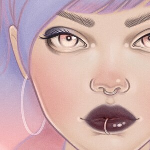 May include: Close-up of a woman's face with purple hair, dark lipstick, and silver nose and lip rings.