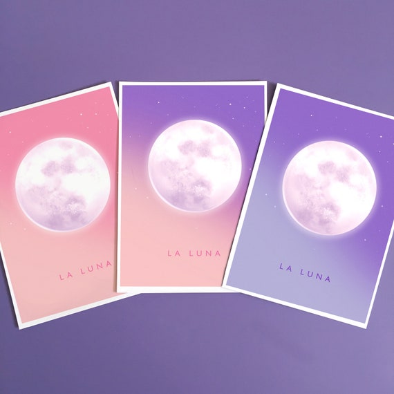 Pastel Goth Decor, La Luna Full Moon Art Print, Pink Purple