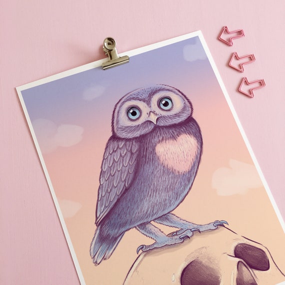 Cute Owl Human Skull Art Print Pastel Goth Decor Creepy Cute Gothic Home Decor