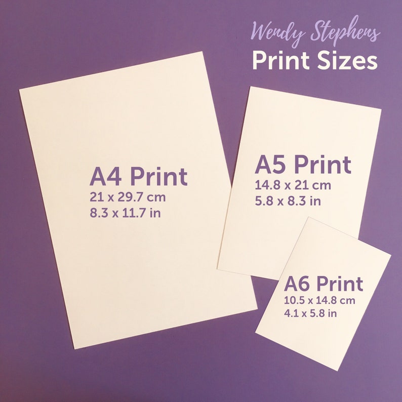 May include: Three white pieces of paper on a purple background. The paper is labeled with the sizes of prints available: A4, A5, and A6. The measurements are listed in both centimeters and inches.