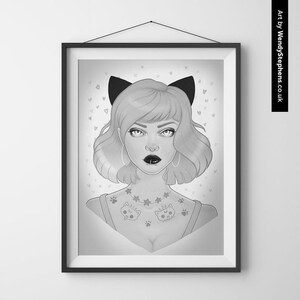 May include: Black and white illustration of a woman with short pink hair wearing cat ears and a necklace with stars. She has a tattoo of two cats on her chest and paw prints on her shoulders.