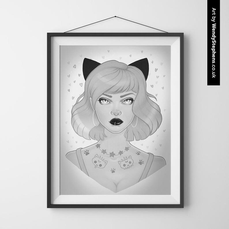May include: Black and white illustration of a woman with short pink hair wearing cat ears and a necklace with stars. She has a tattoo of two cats on her chest and paw prints on her shoulders.