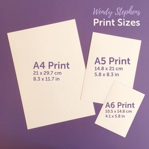 May include: Three white pieces of paper on a purple background. The paper is labeled with the sizes of prints available: A4, A5, and A6. The measurements are listed in both centimeters and inches.