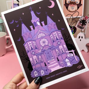 Pink Haunted House Print, Gothic Home Decor and Spooky House Illustration, Halloween Wall Art image 12